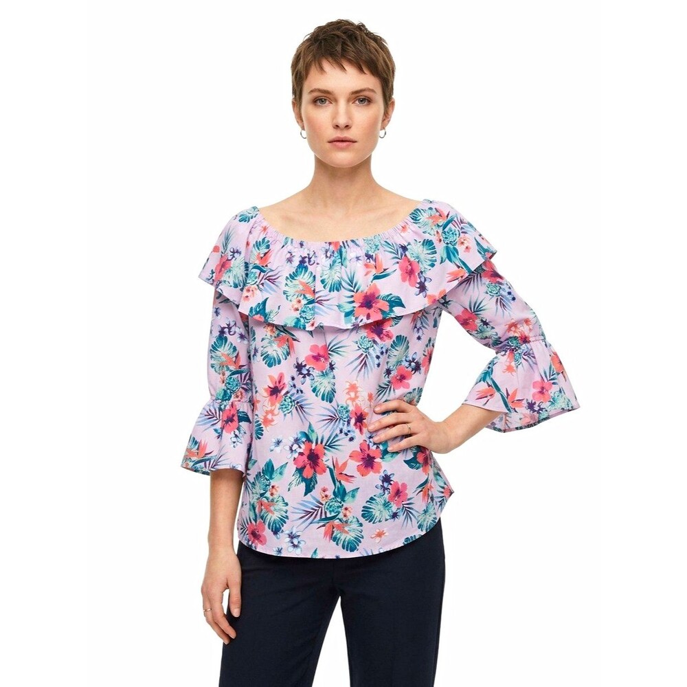 Womens Peasant Top 2X Pink​ Tropical ruffle neckline bell sleeves cottagecore